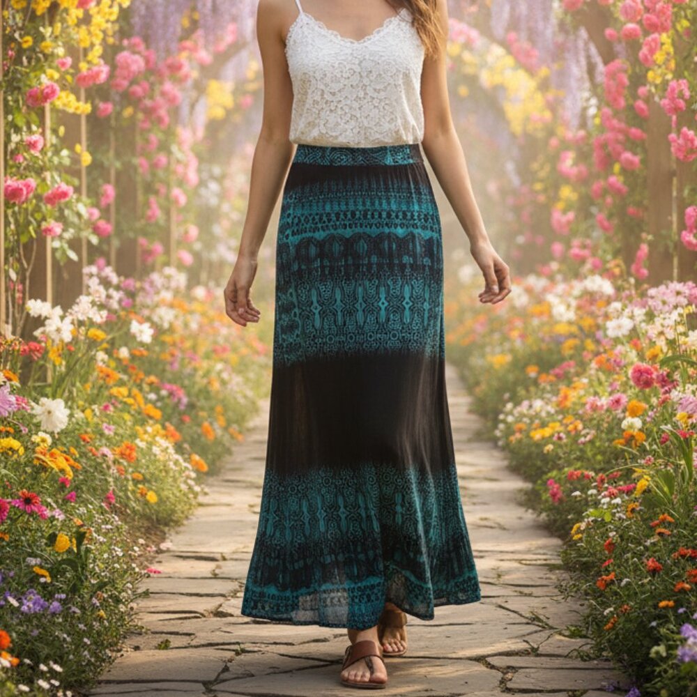 Women's XS Maxi Skirt Teal Black Boho Tribal Festival Ethnic Funky 70s Indie Mod